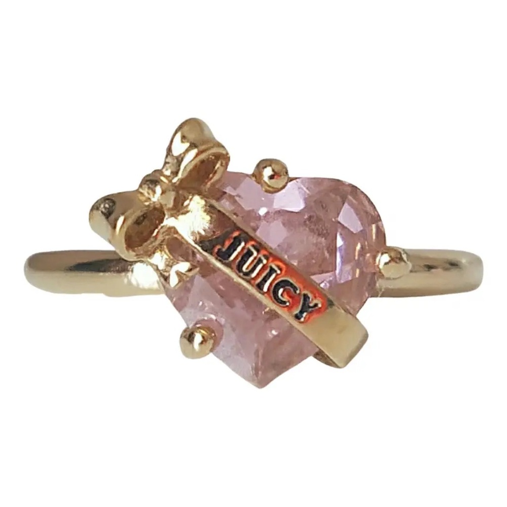 Vintage Y2K Juicy Couture gold toned and pink crystal heart stone ring with bow